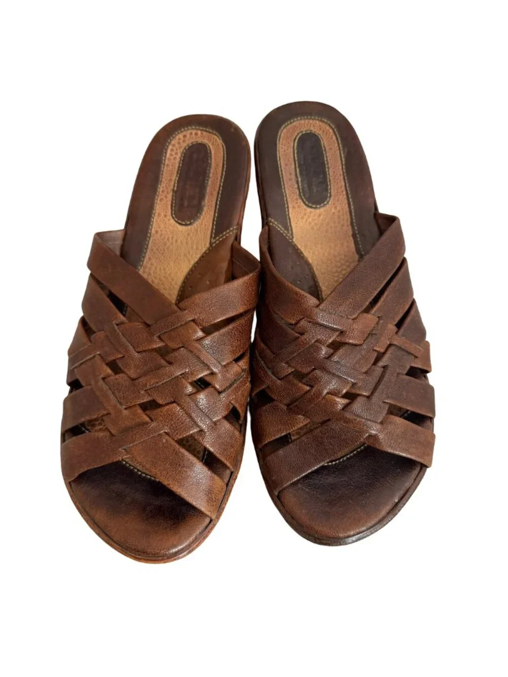Born Brown Woven Leather Wedge Slide Sandals Open Toe Basketweave Size 7 Women's